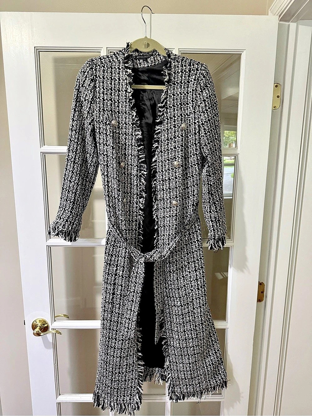 Boston Proper Metallic Tweed Tie Waist Duster Black & White Size 14